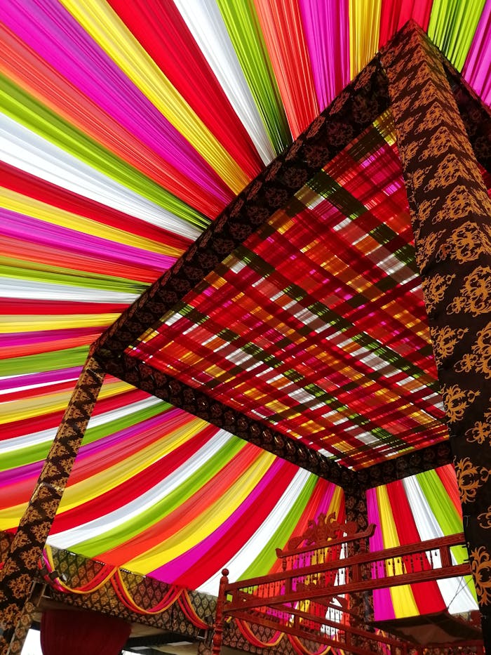 Colorful draped canopy at a traditional Indian wedding in Indore, India.