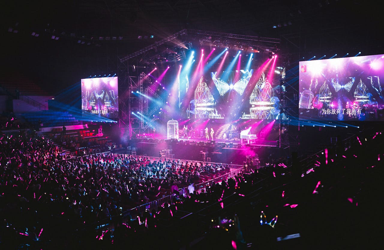 Services Colorful live concert with vibrant lighting, energetic crowd, and dynamic stage performance.